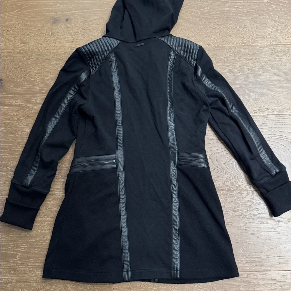 Blanc Noir Black Moto Hooded Jacket Faux Leather Trim Size M